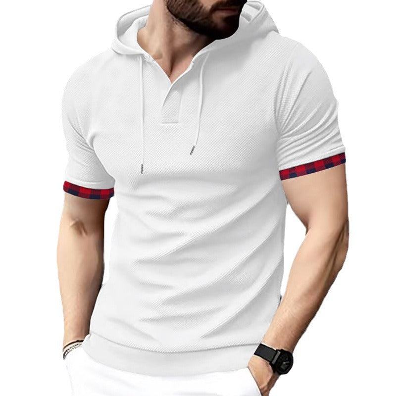 Men's fitted short sleeve hooded polo shirt with Henley placket and drawstring Mune Fashion