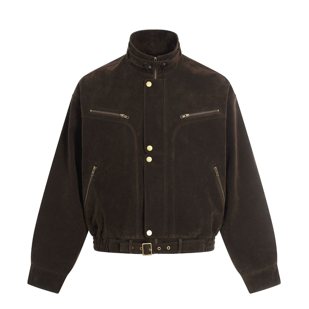 Men's suede aviator-style blouson with stand collar, waist belt, and zip pockets Mune Fashion