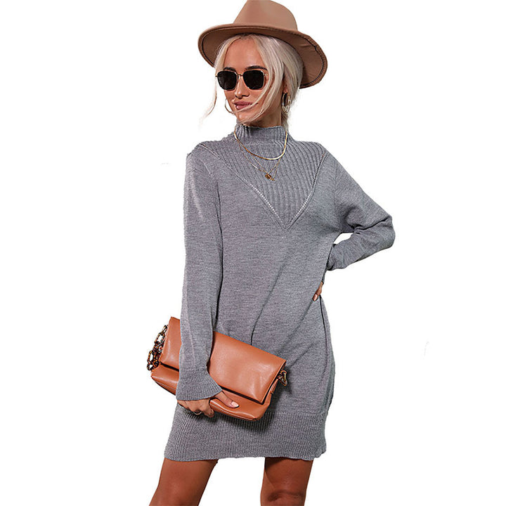 Women's knit dress with stand-up collar, lace V-insert and fitted mini silhouette Mune Fashion