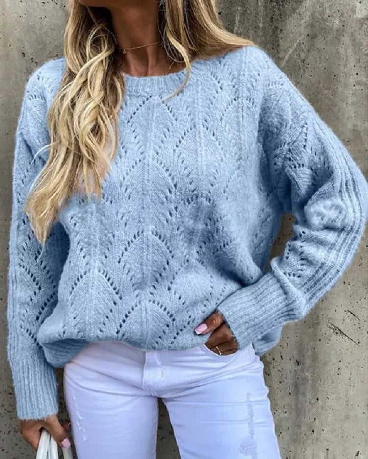Women Oversize Ajour Knit Sweater with Round Neck Mune Fashion