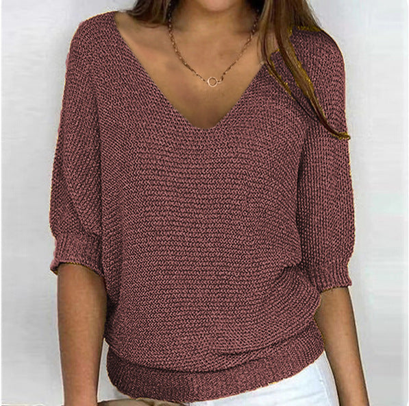 Women's casual knit sweater with V-neck and bat sleeves Mune Fashion