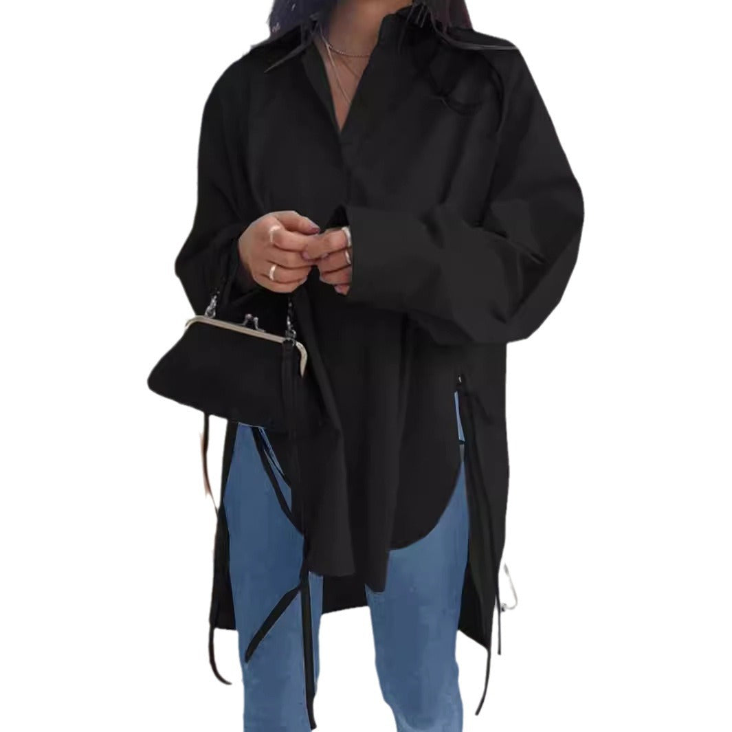 Women Oversized Long Blouse with Drawstring and Wide Cuff Sleeve