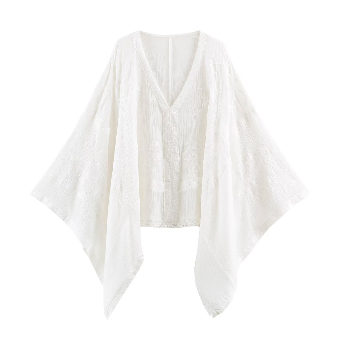 Women's Embroidered Kaftan Top with V-Neck and Wide Batwing Sleeves Mune Fashion