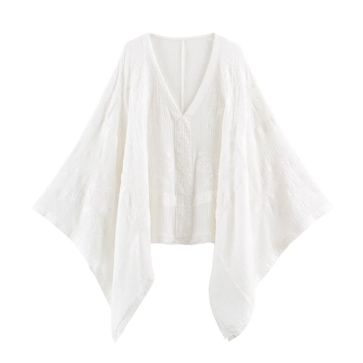 Women's Embroidered Kaftan Top with V-Neck and Wide Batwing Sleeves Mune Fashion