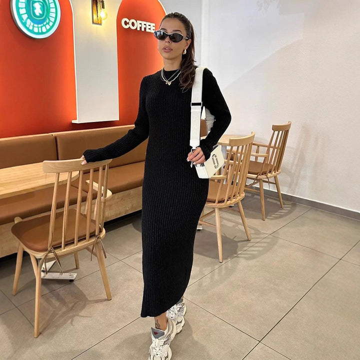 Women's long ribbed knitted dress with matching maxi cardigan, side buttons, and voluminous balloon sleeves