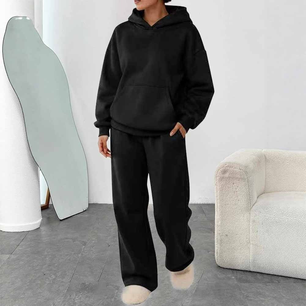 Women's two-piece leisure lounge set with hoodie, kangaroo pocket, and straight lounge pants made of soft cotton blend Mune Fashion