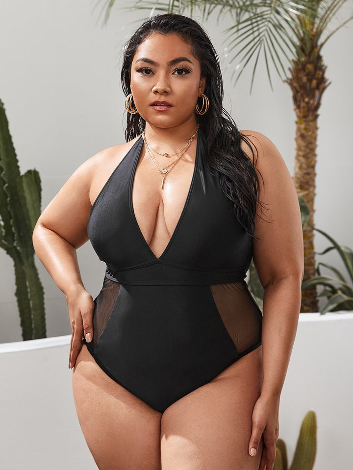 Women's One-Piece Swimsuit with Deep V-Neck and Transparent Inserts Mune Fashion