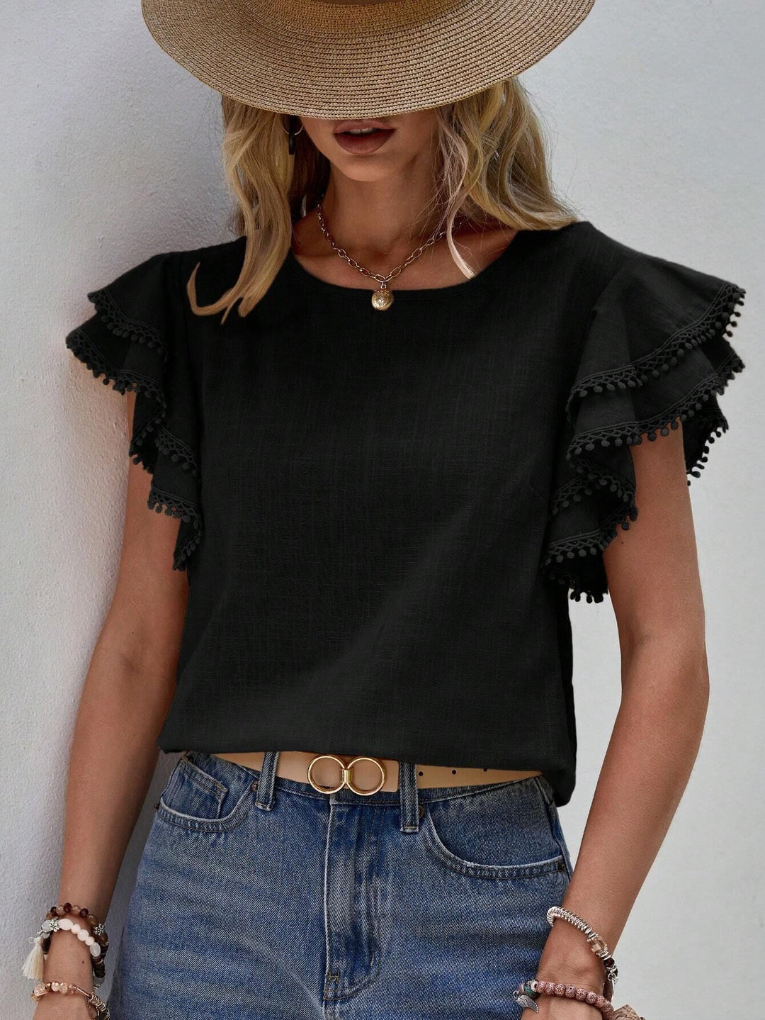 Women’s blouse with ruffled sleeves and pompom lace trim Mune Fashion