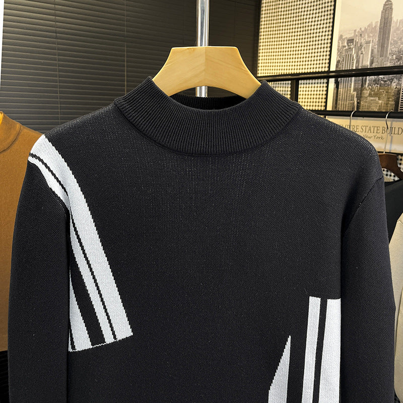 Men's fine knit pullover with short stand-up collar and geometric intarsia design Mune Fashion