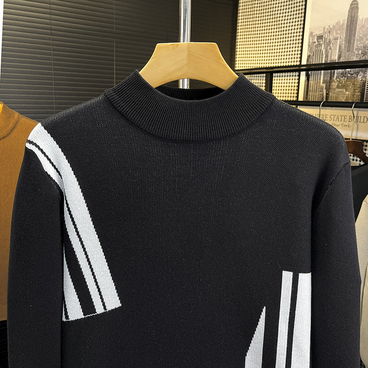 Men's fine knit pullover with short stand-up collar and geometric intarsia design Mune Fashion