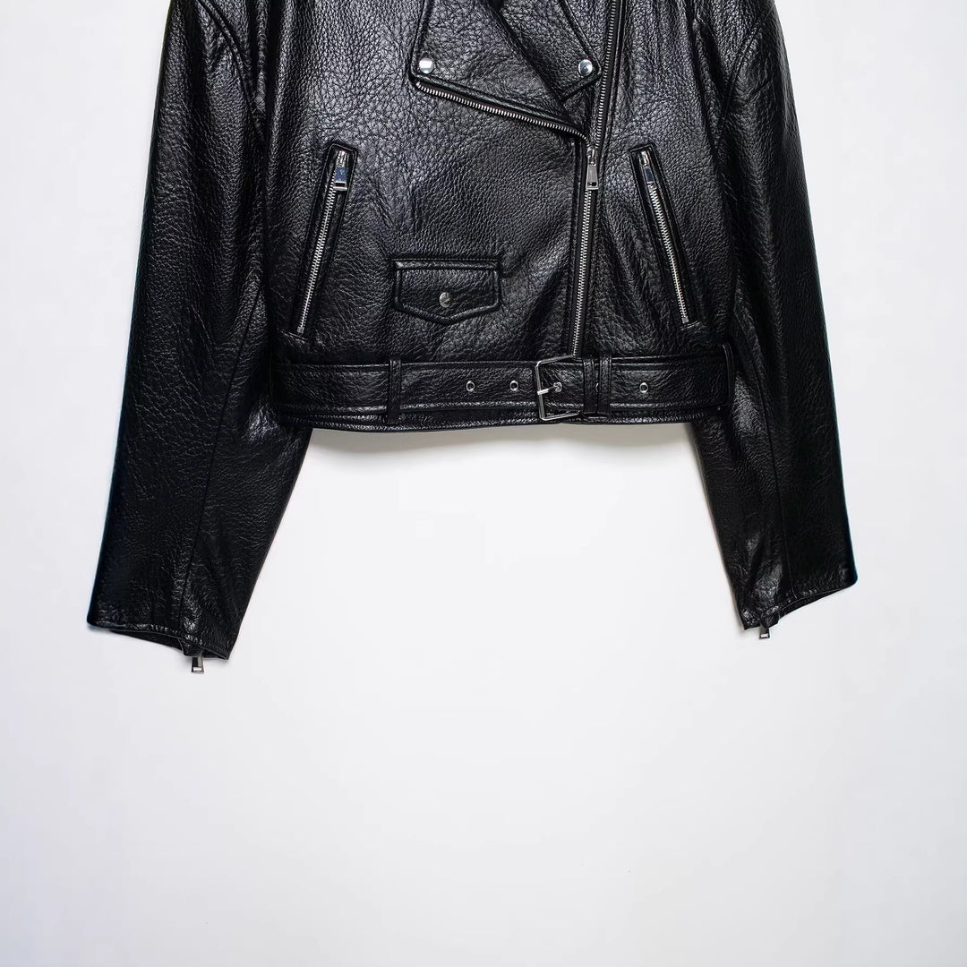 Women's short-cut biker leather jacket with fitted belt, asymmetrical zipper, and textured leather Mune Fashion