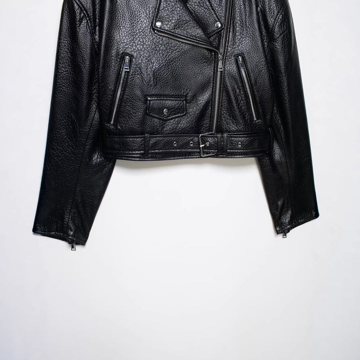 Women's short-cut biker leather jacket with fitted belt, asymmetrical zipper, and textured leather Mune Fashion