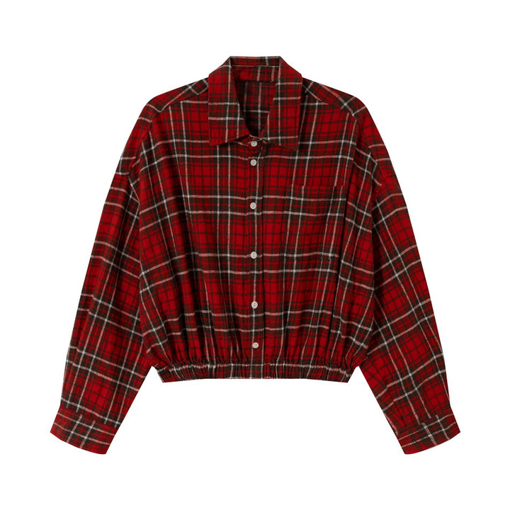 Women's Short Cut Oversized Shirt Jacket in Check Flannel with Elastic Hem Mune Fashion