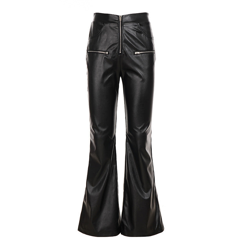 Women High-Waisted Faux Leather Flared Pants with Front Zipper and Decorative Zipper Pockets Mune Fashion