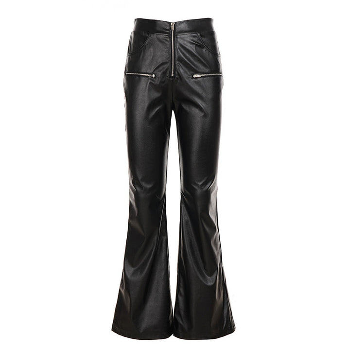 Women High-Waisted Faux Leather Flared Pants with Front Zipper and Decorative Zipper Pockets Mune Fashion