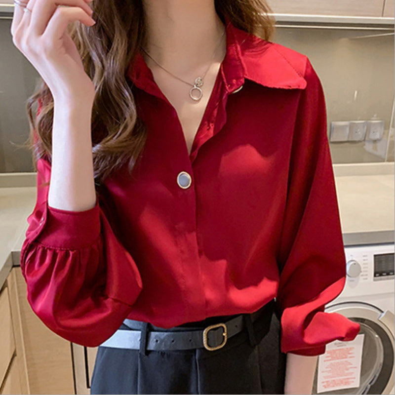 Women Elegant Silk Look Blouse with Oversized Collar and Balloon Sleeves Mune Fashion