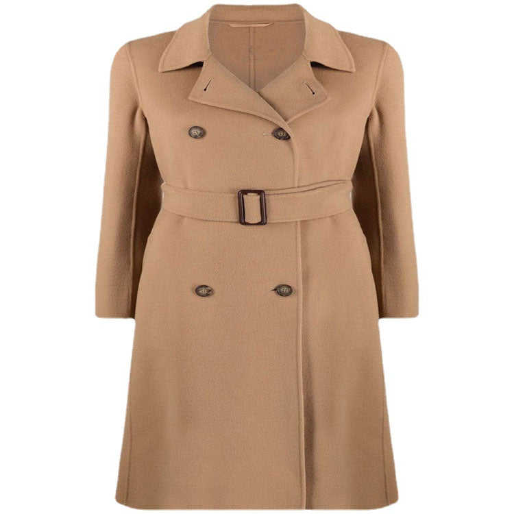 Women's tailored double-breasted wool blend coat with tie belt and A-line cut Mune Fashion