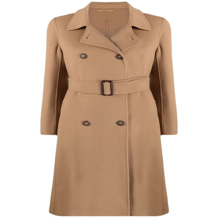 Women's tailored double-breasted wool blend coat with tie belt and A-line cut Mune Fashion