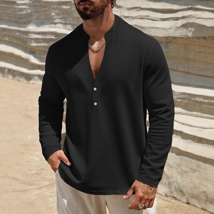 Men's Lightweight Linen Henley with Stand-up Collar and 2-Button Placket Mune Fashion