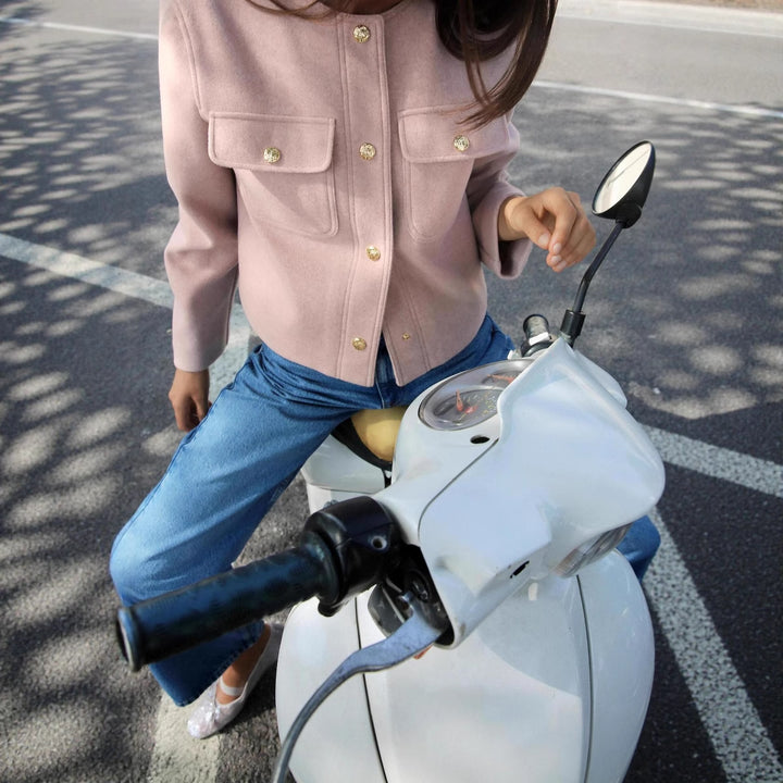 Women's short cut overshirt jacket with round neck, snap button placket and patch pockets Mune Fashion