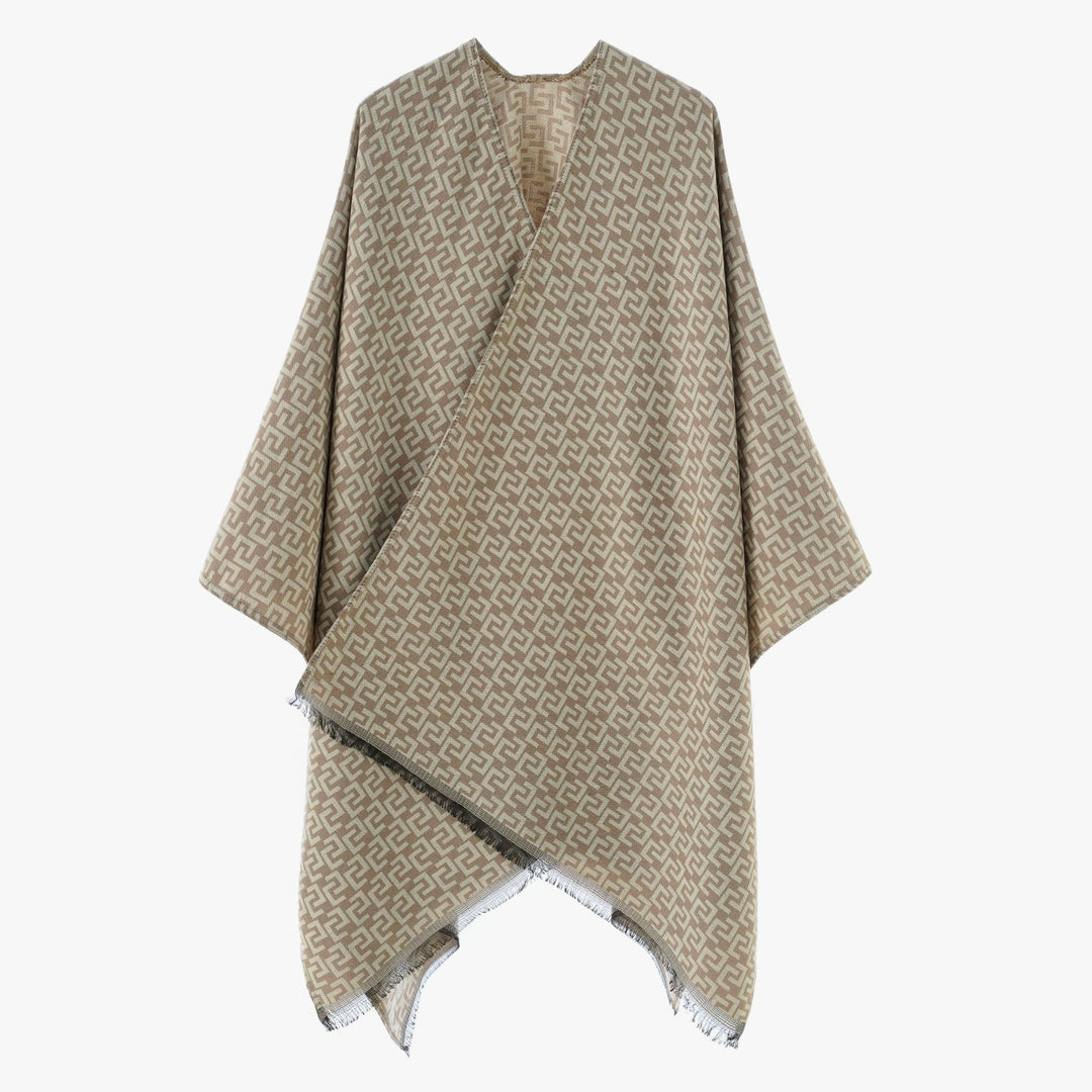 Women's Open Jacquard Poncho in Kimono Cut with Geometric Allover Pattern Mune Fashion