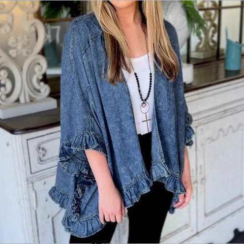 Women Oversized Jeans Kimono with Ruffle Edge and Open Fall Mune Fashion