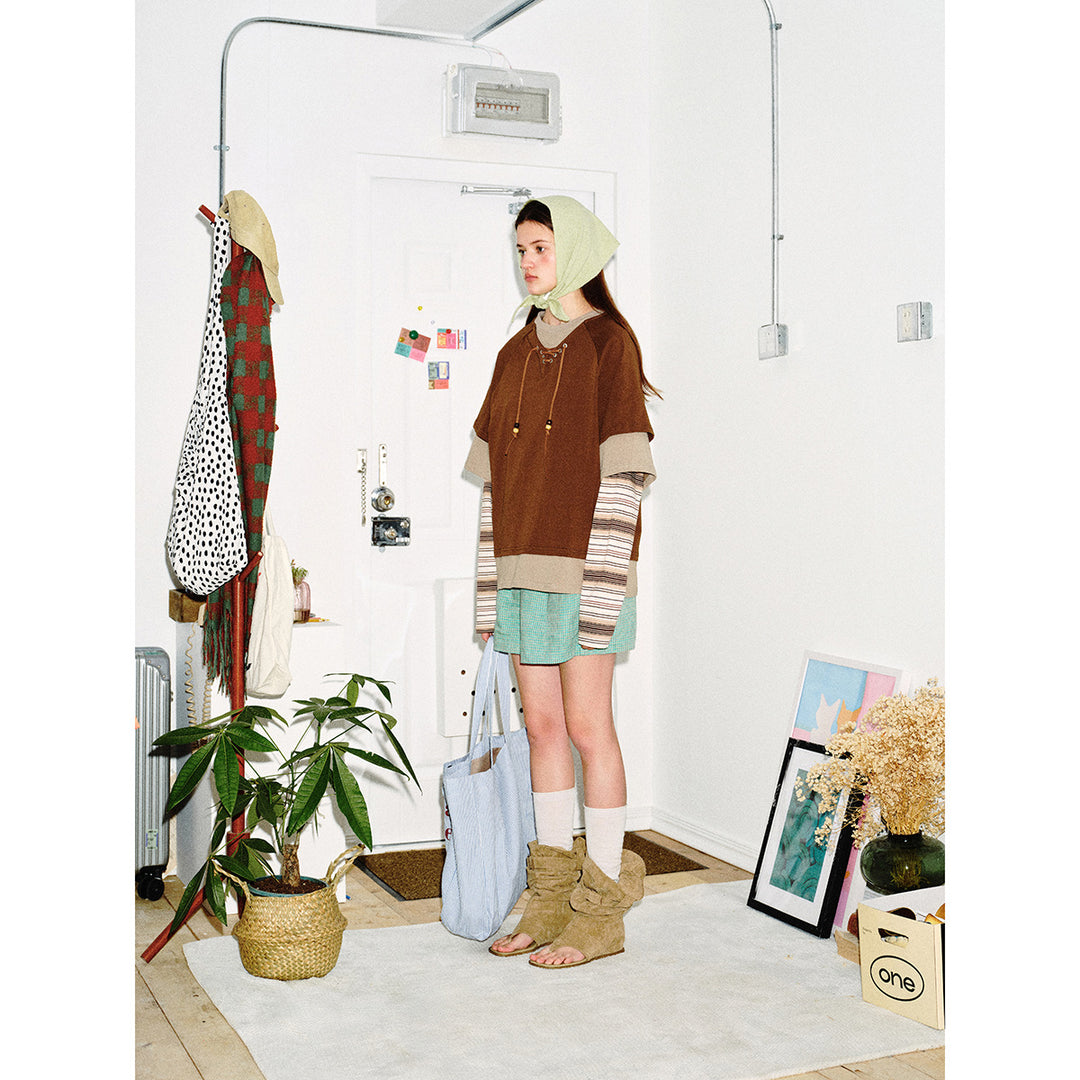Women's Layered Look Sweatshirt with Lacing, Striped Sleeve Inserts and Asymmetrical Hem Mune Fashion