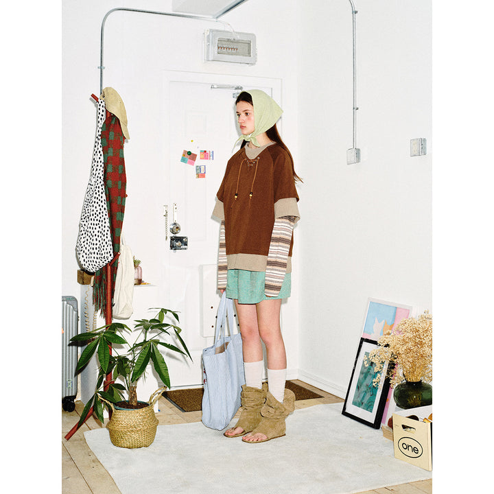 Women's Layered Look Sweatshirt with Lacing, Striped Sleeve Inserts and Asymmetrical Hem Mune Fashion
