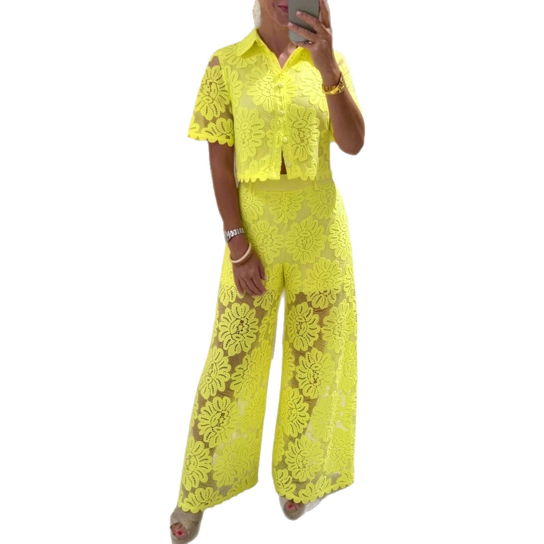 Women's elegant lace combination with short-sleeved blouse, scalloped hem, and tailored palazzo pants with tie belt Mune Fashion