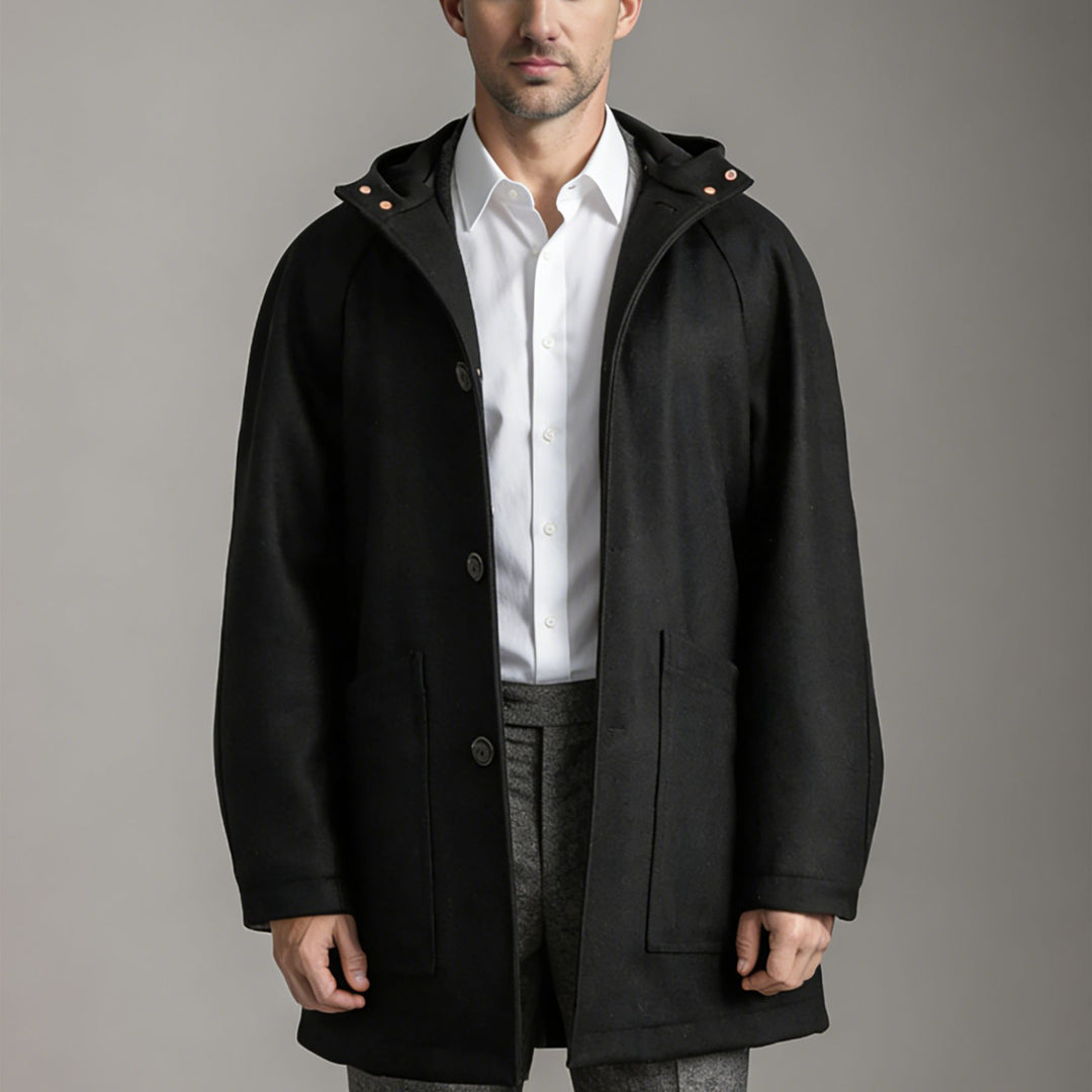 Men Tailored Wool Blend Coat with Hood and Concealed Button Placket Mune Fashion