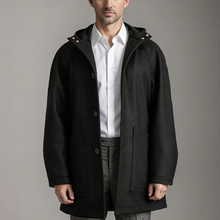 Men Tailored Wool Blend Coat with Hood and Concealed Button Placket Mune Fashion