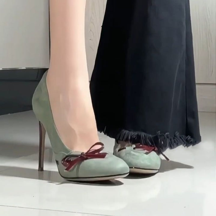 Ladies Elegant Suede Pumps with Bow Appliqué and Sculpted Stiletto Heels Mune Fashion