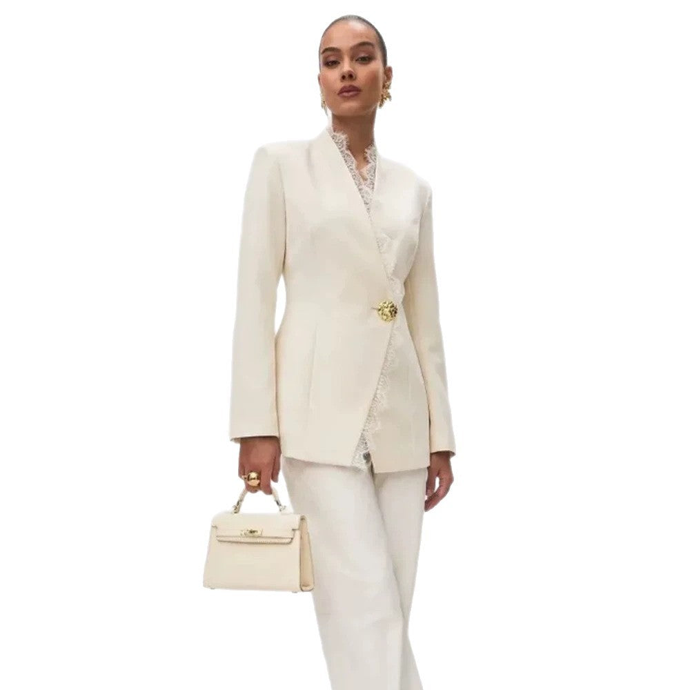 Women's Tailored Blazer with Lace Trim and Decorative Button Mune Fashion