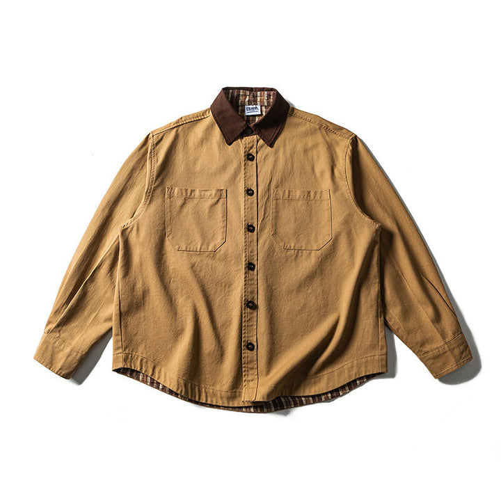Unisex Oversize Shirt Jacket with Contrast Collar and Checked Lining Mune Fashion
