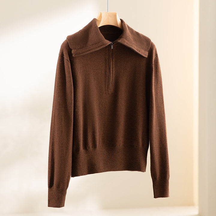Women Fine Half-Zip Sweater with generous fold-over collar and slim fit Mune Fashion