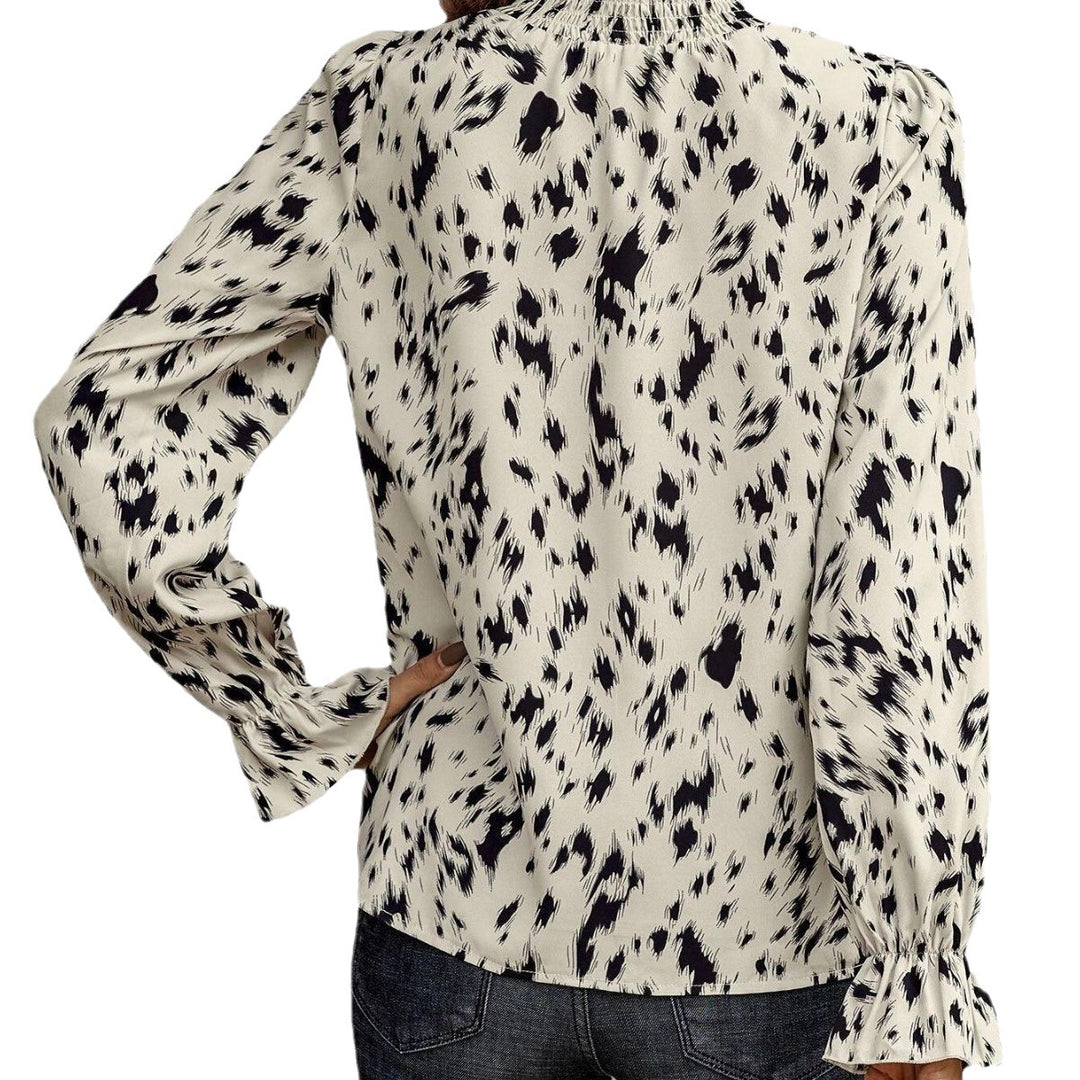 Women's Long Sleeve Chiffon Blouse with Ruffled Stand Collar and Spot Pattern Drune