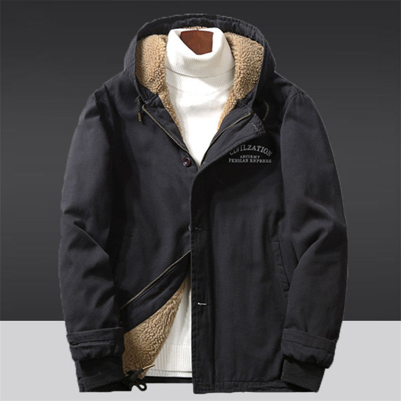 Men's Canvas Hoodie Parka with Continuous Teddy Fleece Lining and Drawstring Mune Fashion