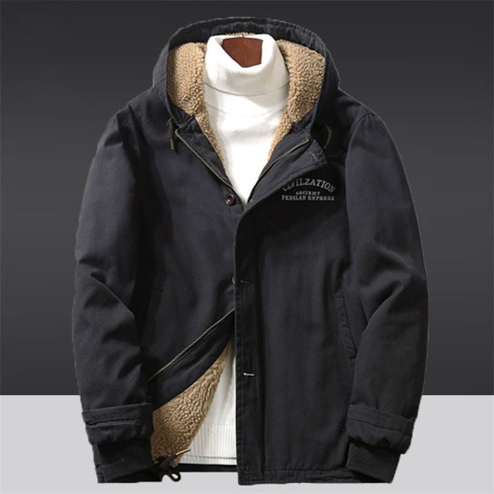 Men's Canvas Hoodie Parka with Continuous Teddy Fleece Lining and Drawstring Mune Fashion
