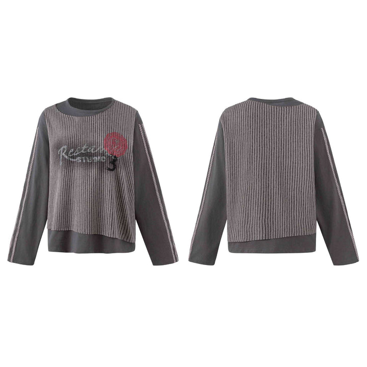 Women Casual Sweatshirt with Striped Overlay, Decorative Seams and Rose Print Mune Fashion
