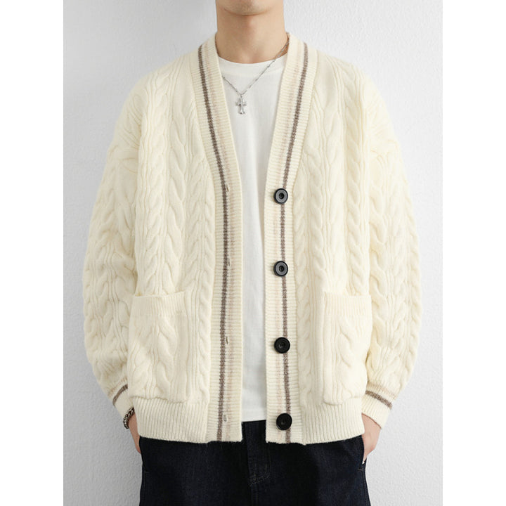 Men's Chunky Cable Knit Cardigan with Patch Pockets and Contrast Stripes Mune Fashion