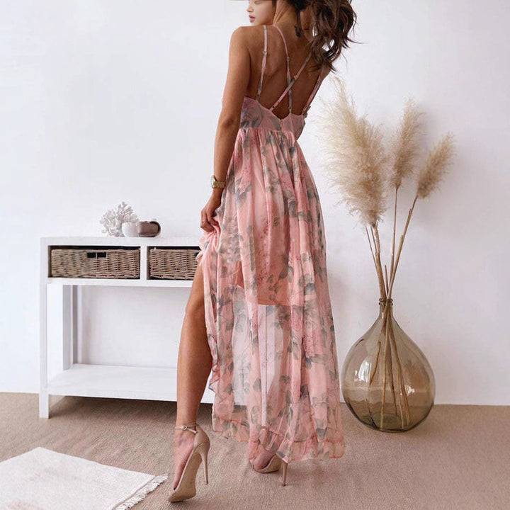 Women's romantic chiffon maxi dress with double spaghetti straps, under-bust gathering, multi-layered ruffled skirt, and side leg slit Mune Fashion