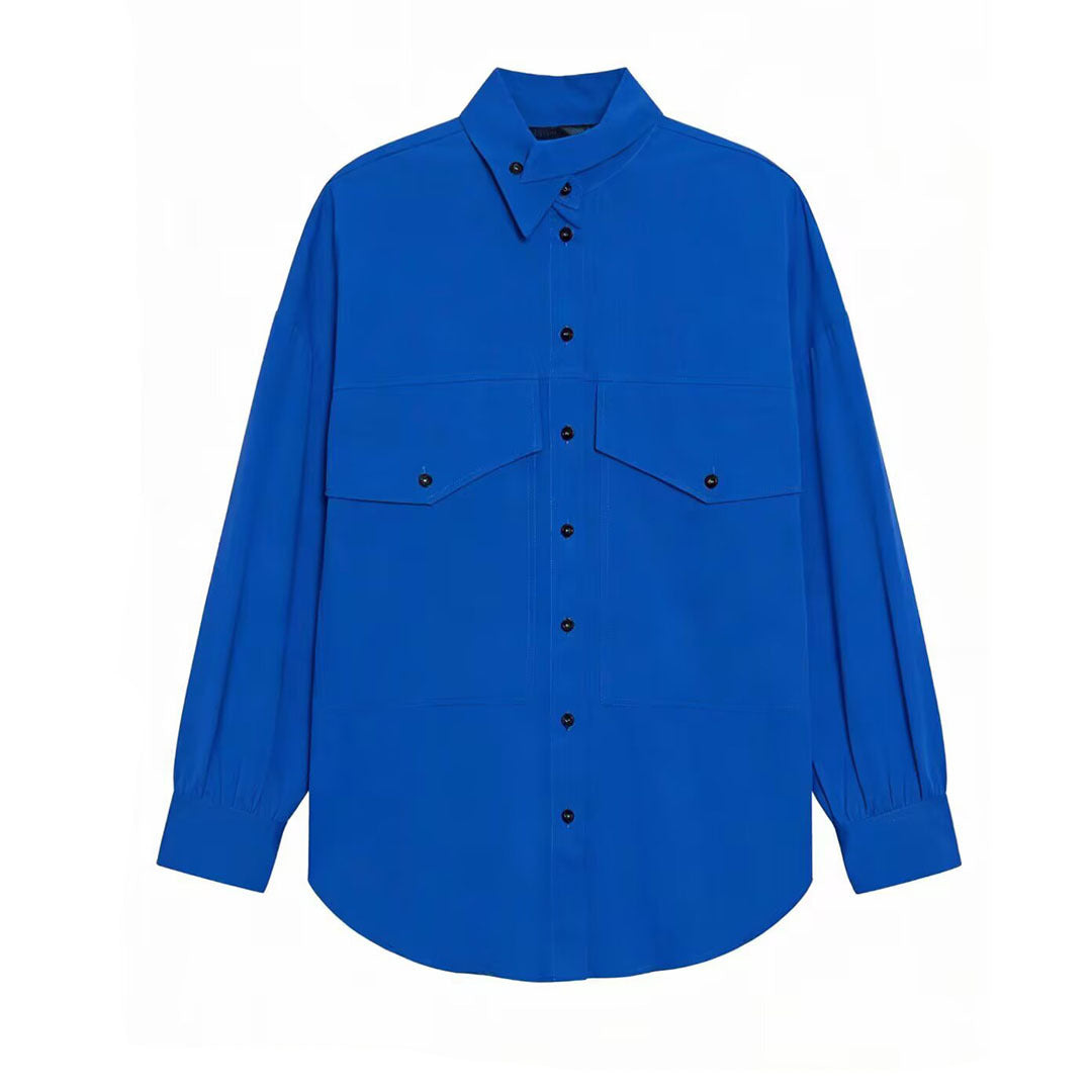 Women's Oversized Utility Shirt Blouse with Drop Shoulder, Flap Pockets and Stand Collar Mune Fashion