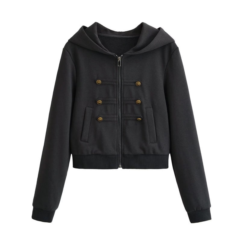 Women's Cropped Hooded Blouson in Military Look with Decorative Button Placket and Ribbed Hem Mune Fashion
