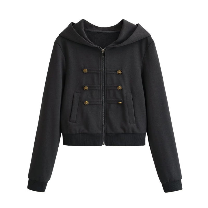 Women's Cropped Hooded Blouson in Military Look with Decorative Button Placket and Ribbed Hem Mune Fashion