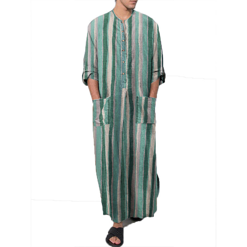 Men's ankle-length striped linen blend kaftan with stand-up collar and patch waist pockets Mune Fashion