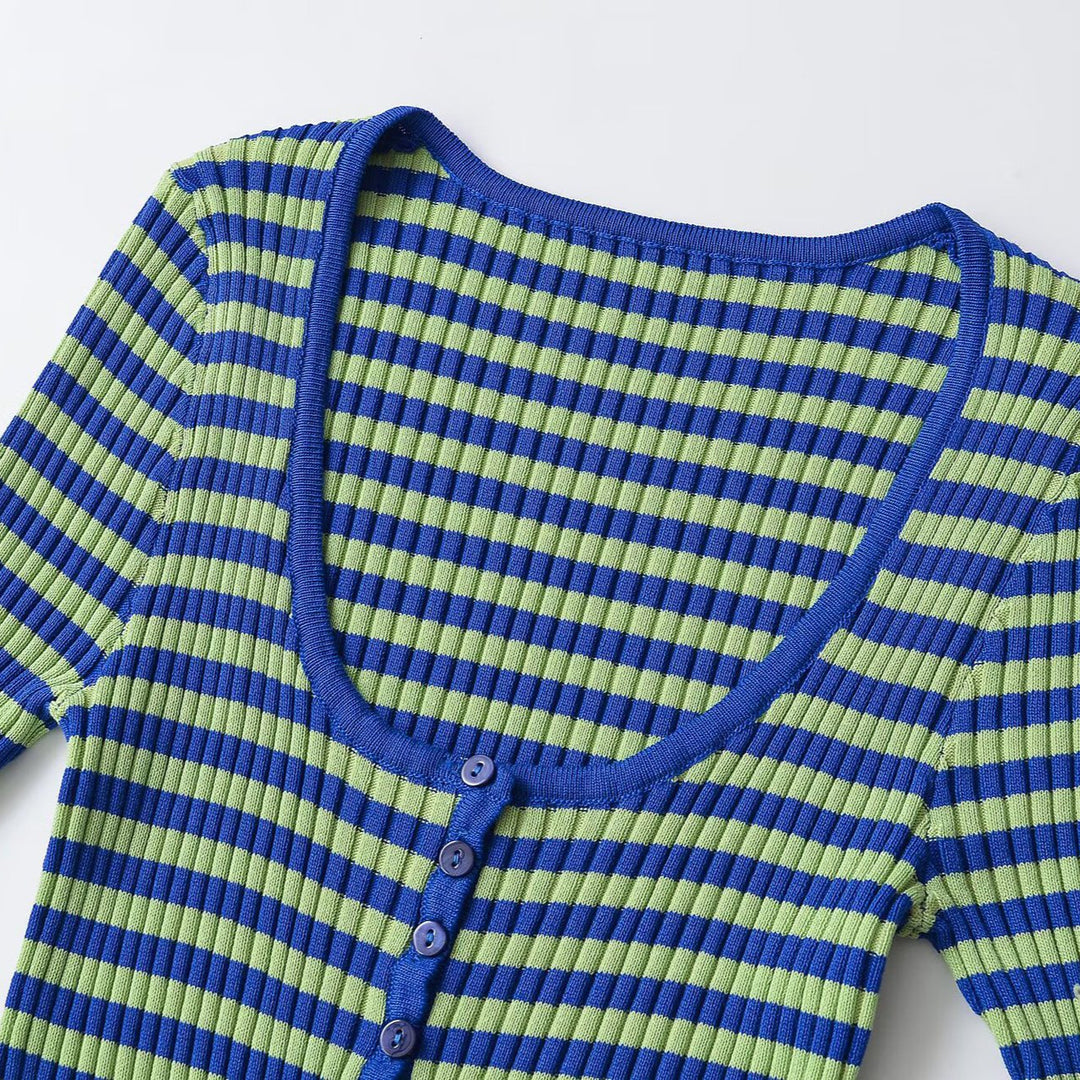 Women Ribbed Short Sleeve Button Cardigan with Deep Round Neck and Figure-Hugging Fit Mune Fashion