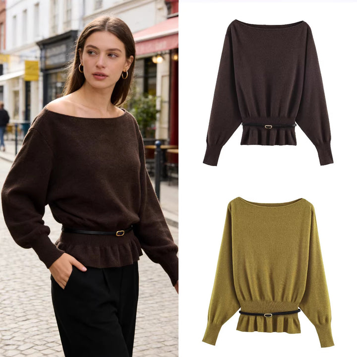 Women's Oversized Knit Sweater with Boat Neck, Batwing Sleeves, Gathered Ribbed Hem, and Waist Belt Mune Fashion