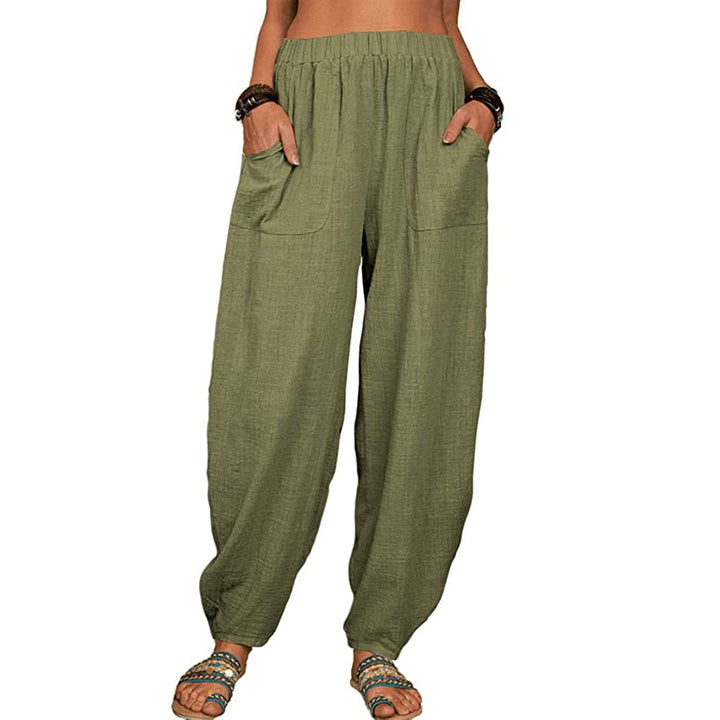 Women's relaxed linen pants with wide leg, elastic waistband and large patch pockets Mune Fashion