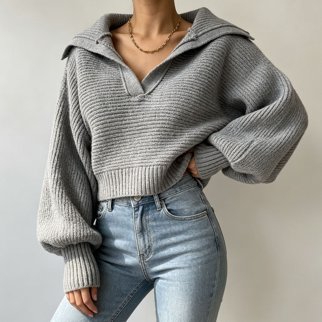 Women's Oversized Knit Sweater with Sailor Collar and Deep V-Neck Mune Fashion