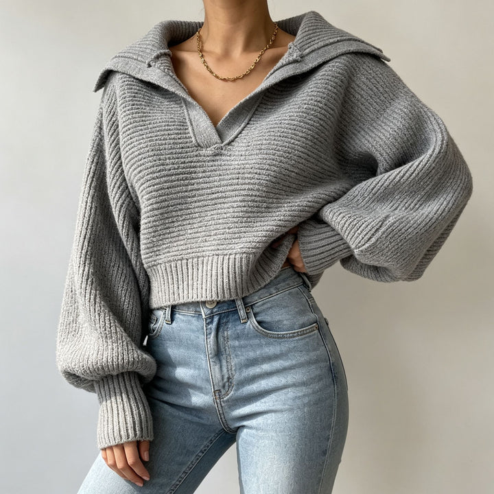 Women's Oversized Knit Sweater with Sailor Collar and Deep V-Neck Mune Fashion